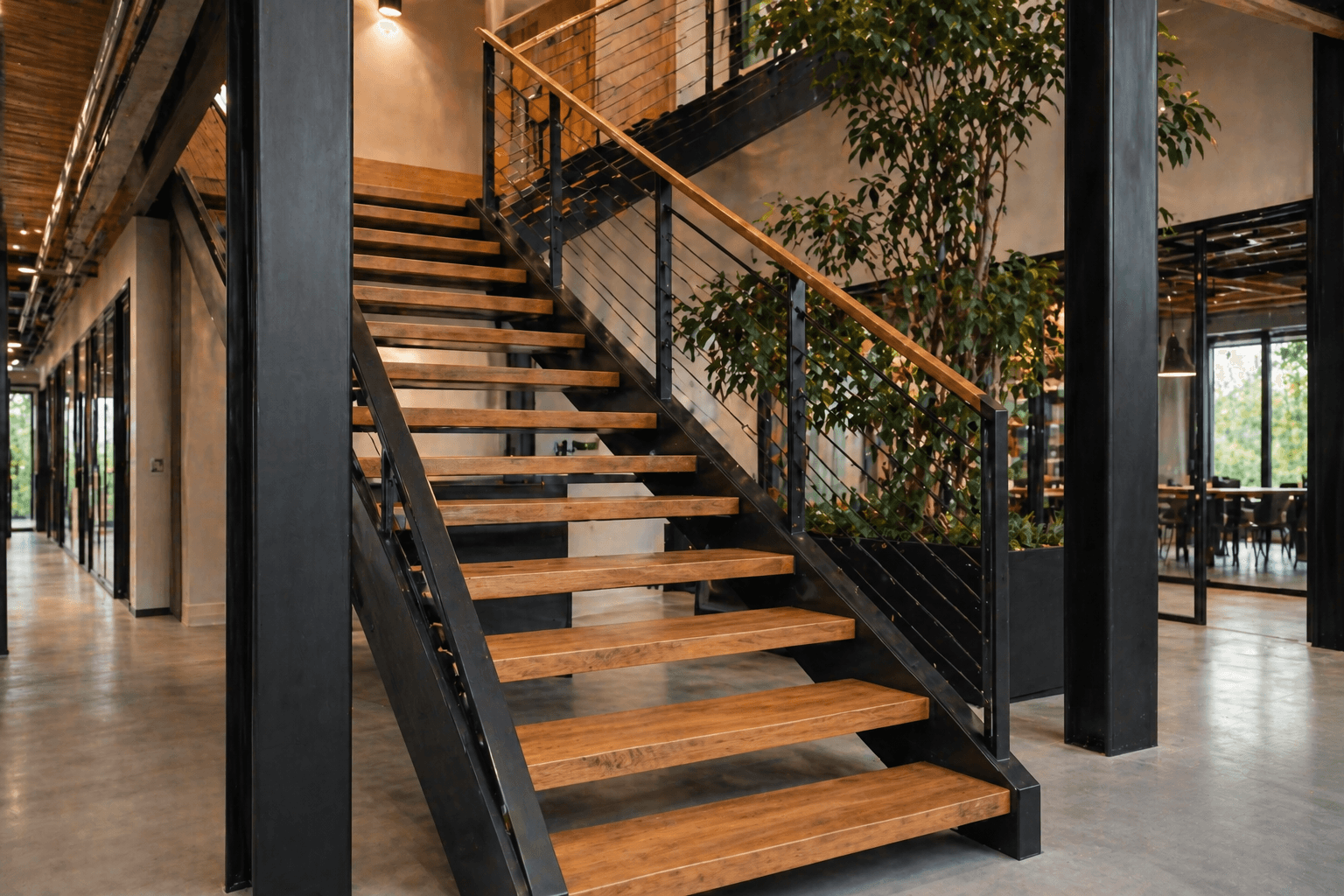 Stahltreppe mit Holzstufen